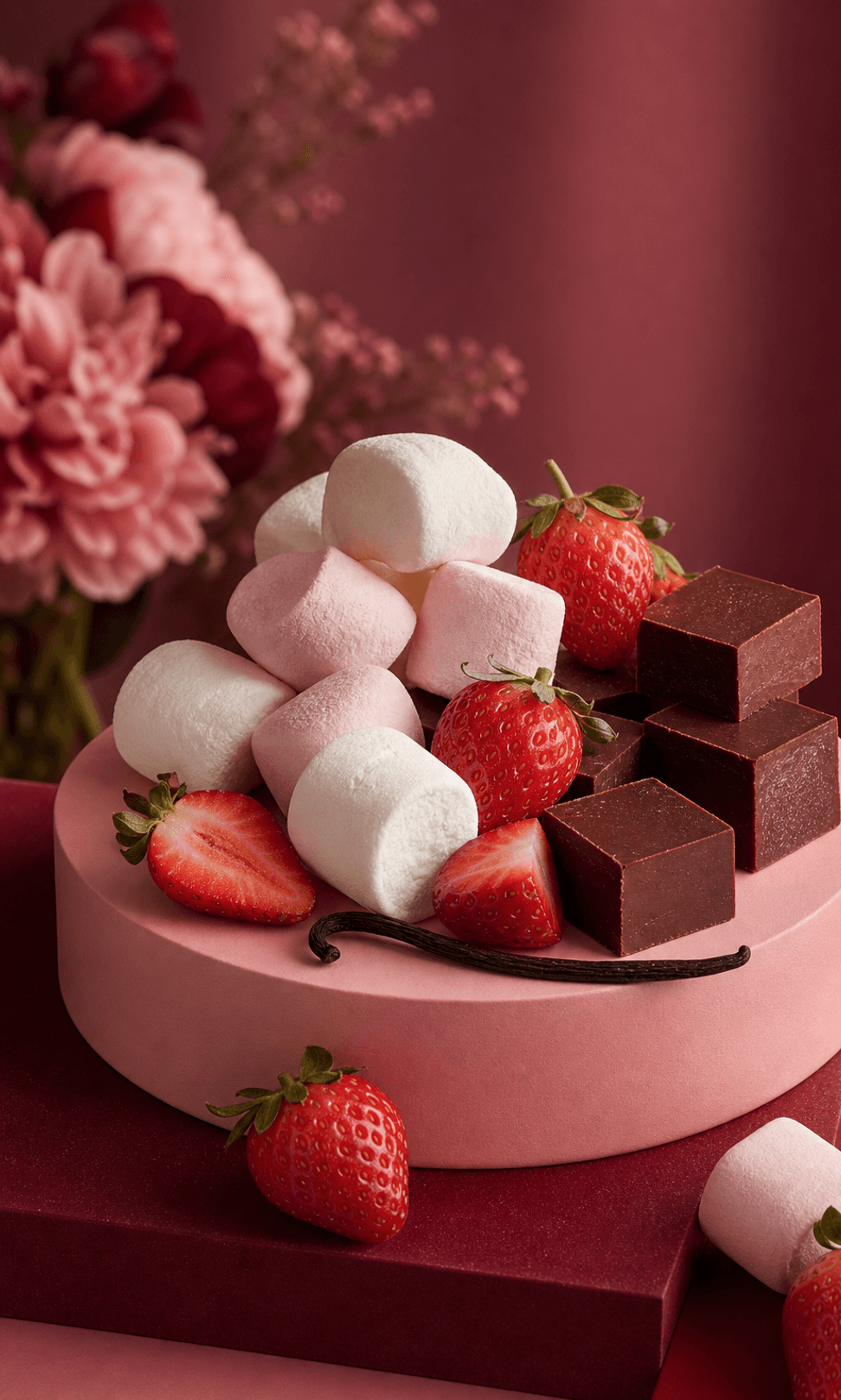 Marshmallow, strawberry and fudge representing the sweet personality